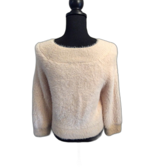 Mink Hair Blend Dark Cream fuzzy SOFT Sweater Main Strip Large L - Picture 4 of 5